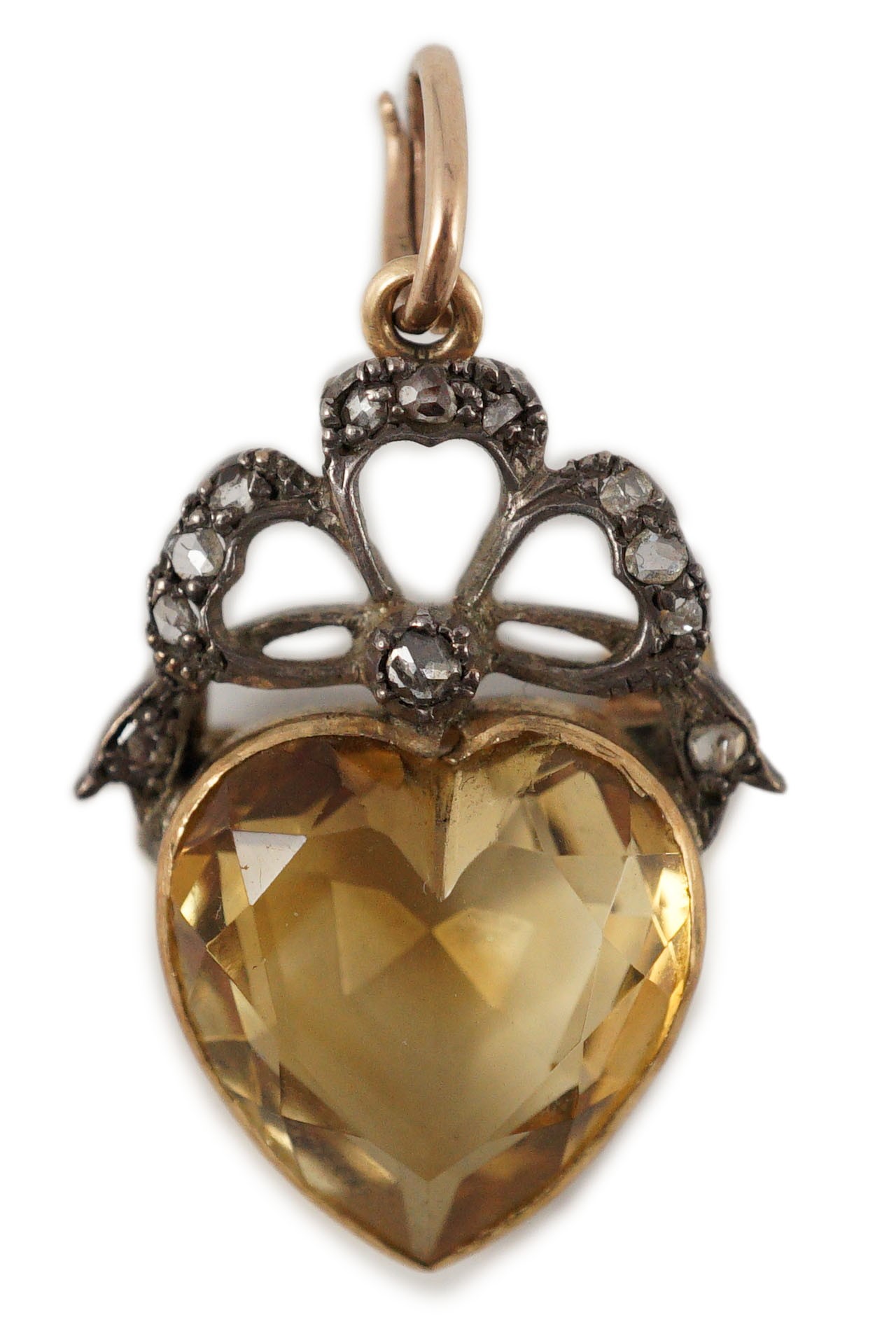 A Victorian gold and silver, rose cut diamond and heart shaped citrine set pendant